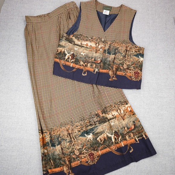 Willowbend Dresses & Skirts - Willowbend Skirt Vest Set Womens Vintage Houndstooth Hunting Scene Medium USA